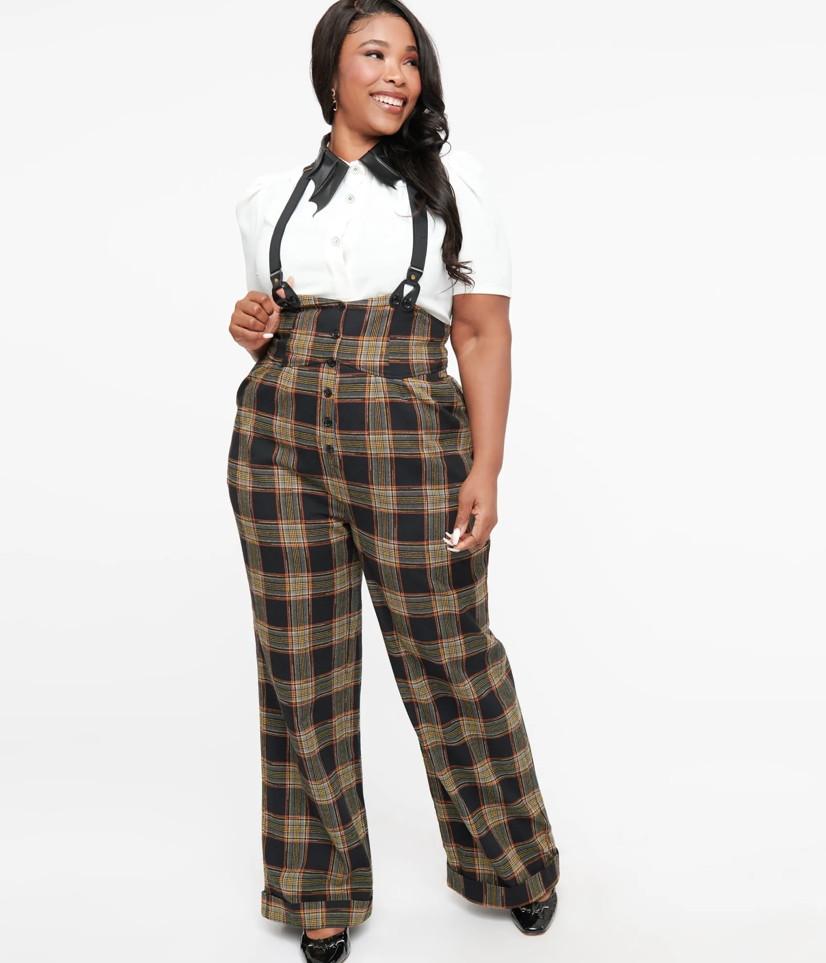 Unique Vintage Plus Size 1930s Black & Orange Plaid Thelma Suspender Pants