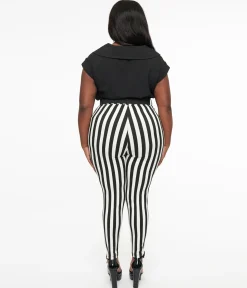 Unique Vintage Plus Size Black & White Stripe Belted Rizzo Cigarette Pants