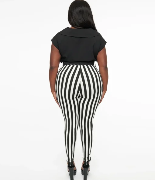 Unique Vintage Plus Size Black & White Stripe Belted Rizzo Cigarette Pants
