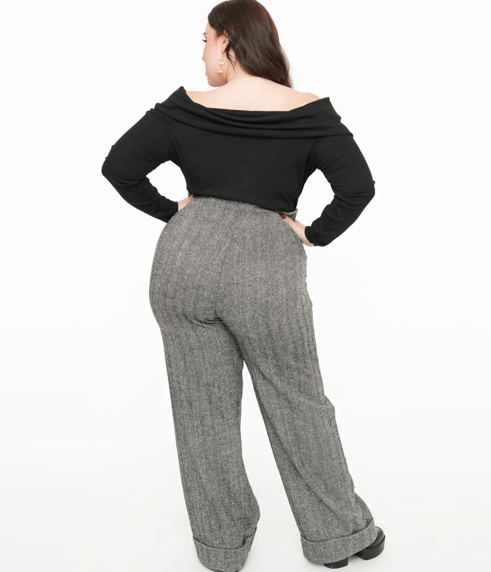 Unique Vintage Plus Size 1940s Grey Herringbone Buttoned Wide Leg Trousers