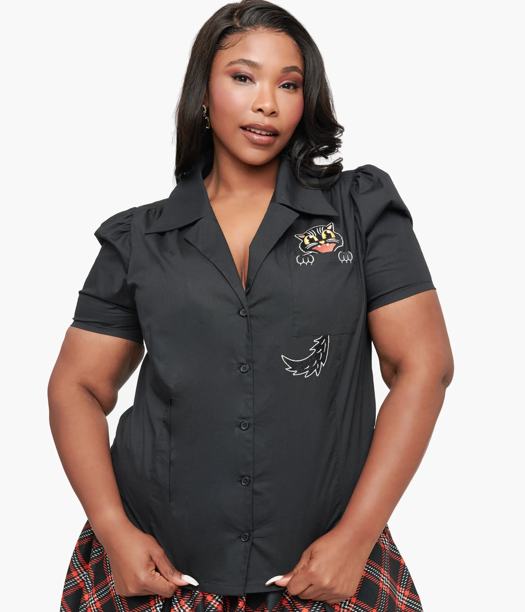 Unique Vintage Plus Size 1940s Black Spooky Cat Cotton Blouse