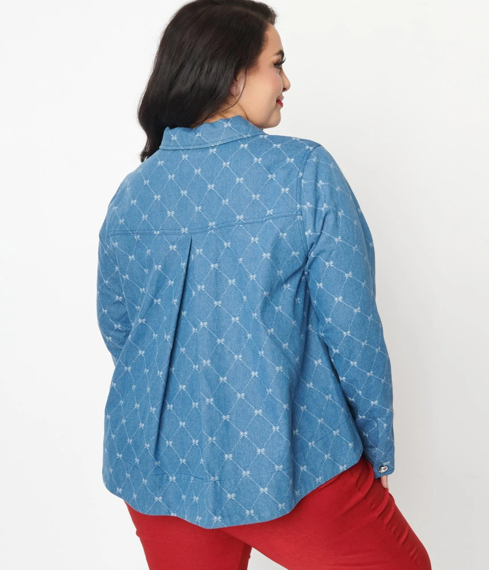 Unique Vintage Plus Size Blue Bow Denim Jacket