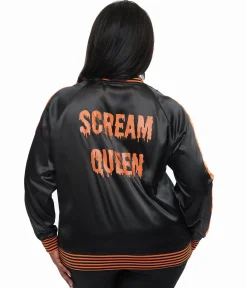 Unique Vintage Plus Size Black & Orange Scream Queen Satin Bomber Jacket