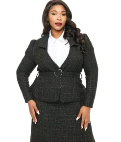 Unique Vintage Plus Size 1940s Black Lurex Tweed Belted Jacket