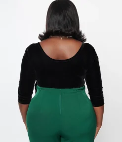 Unique Vintage Plus Size 1970s Black Velvet Surplice Bodysuit