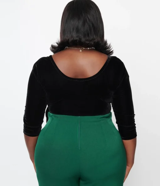 Unique Vintage Plus Size 1970s Black Velvet Surplice Bodysuit