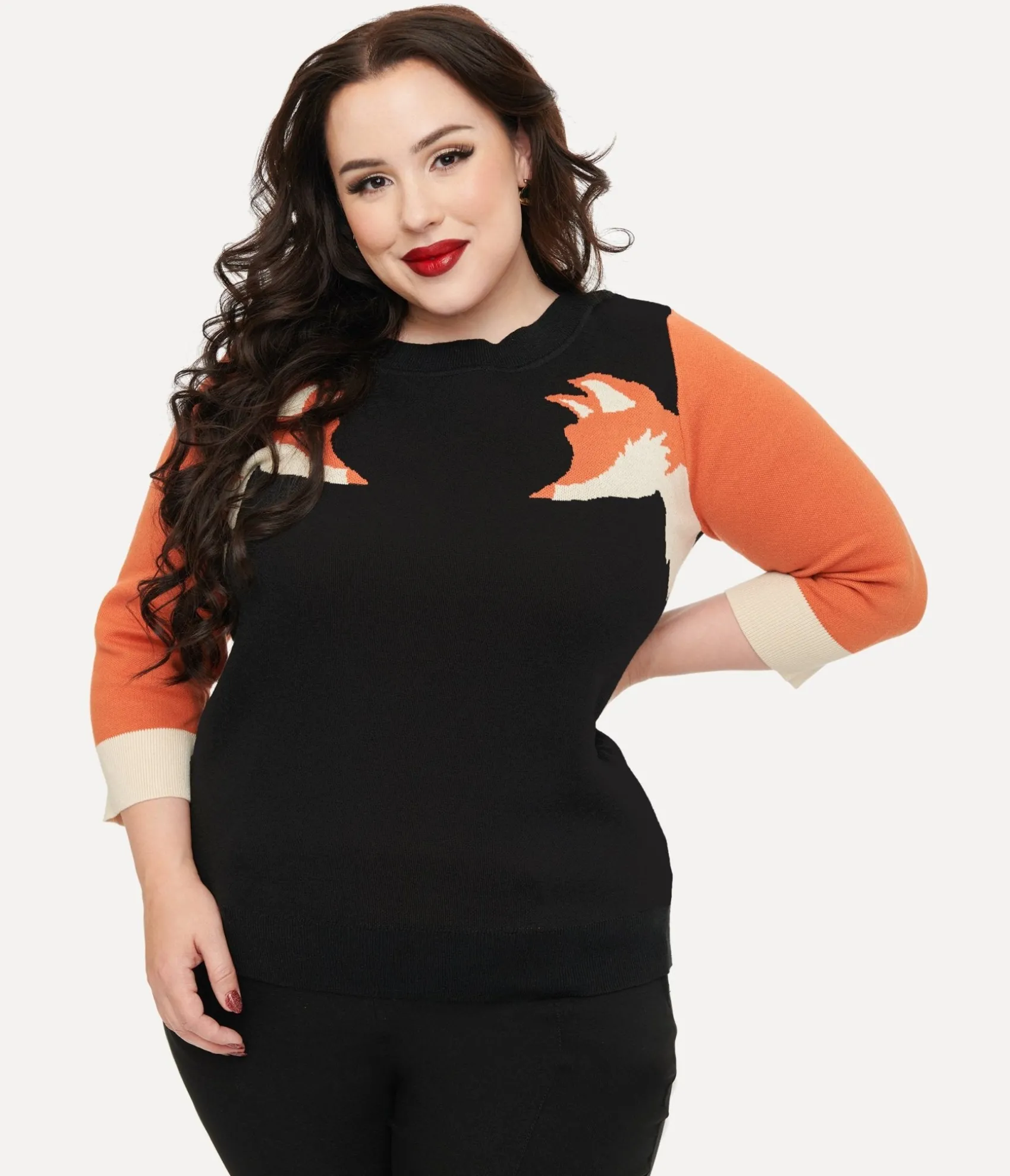 Unique Vintage Plus Size Black & Orange Fox Sleeve Minou Sweater