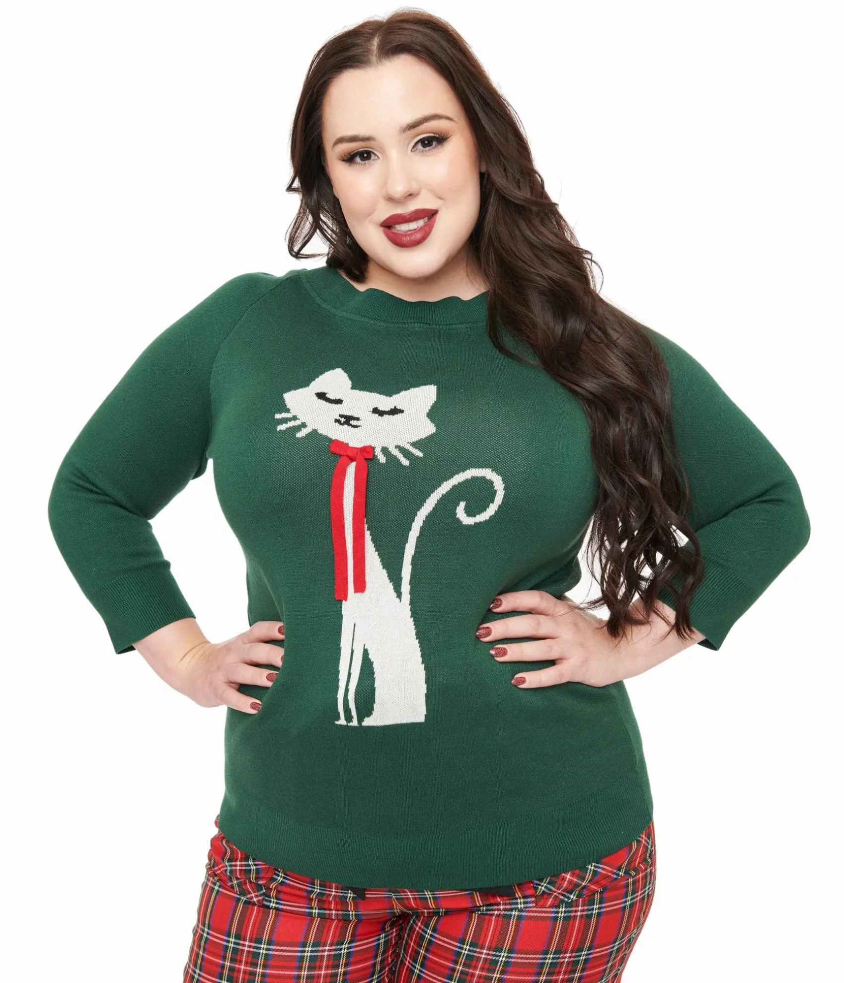 Unique Vintage Plus Size 1960s Forest Green & Cream Cat Lorelai Sweater