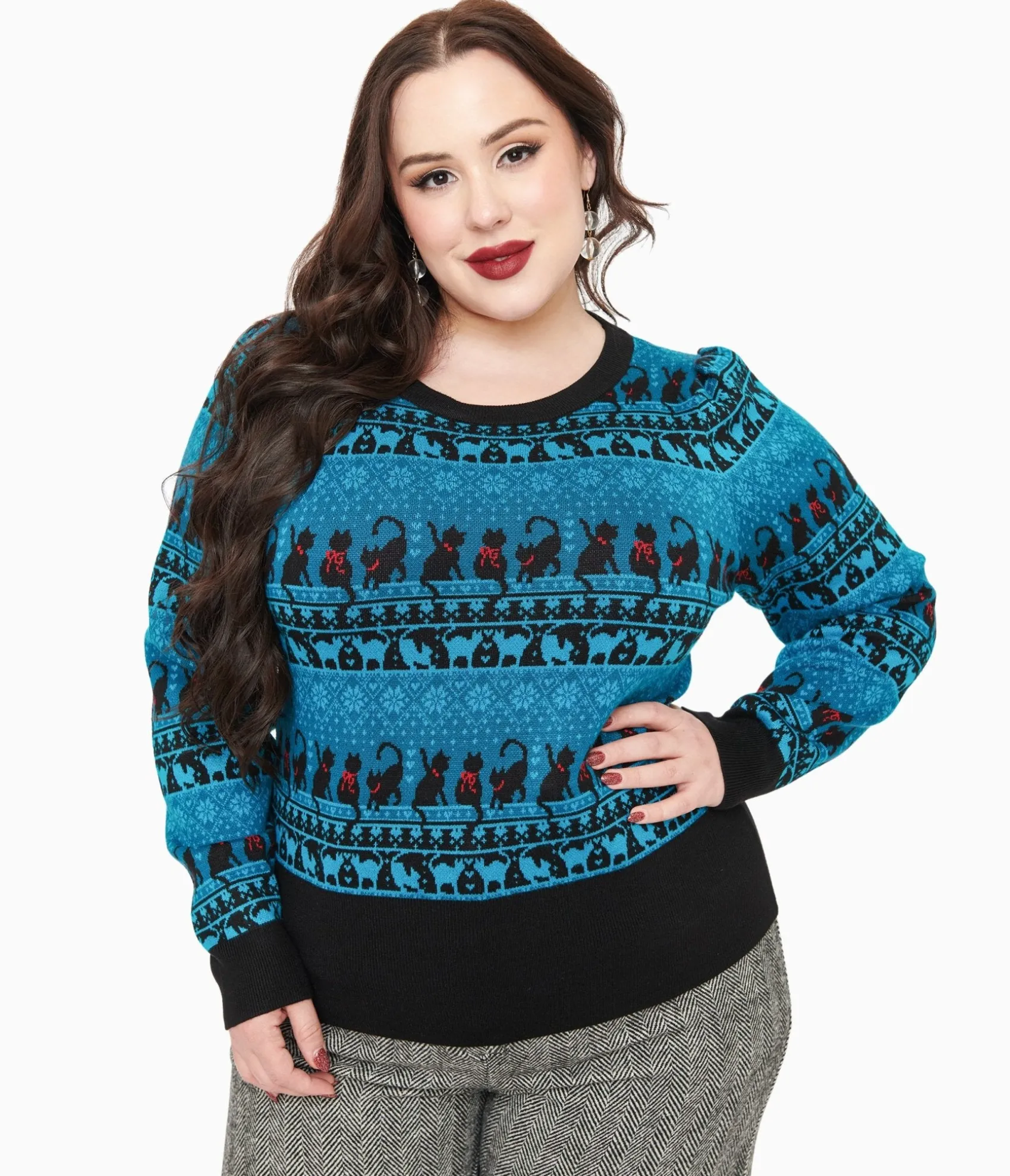 Unique Vintage Plus Size 1950s Teal Snowflakes & Cats Sweater