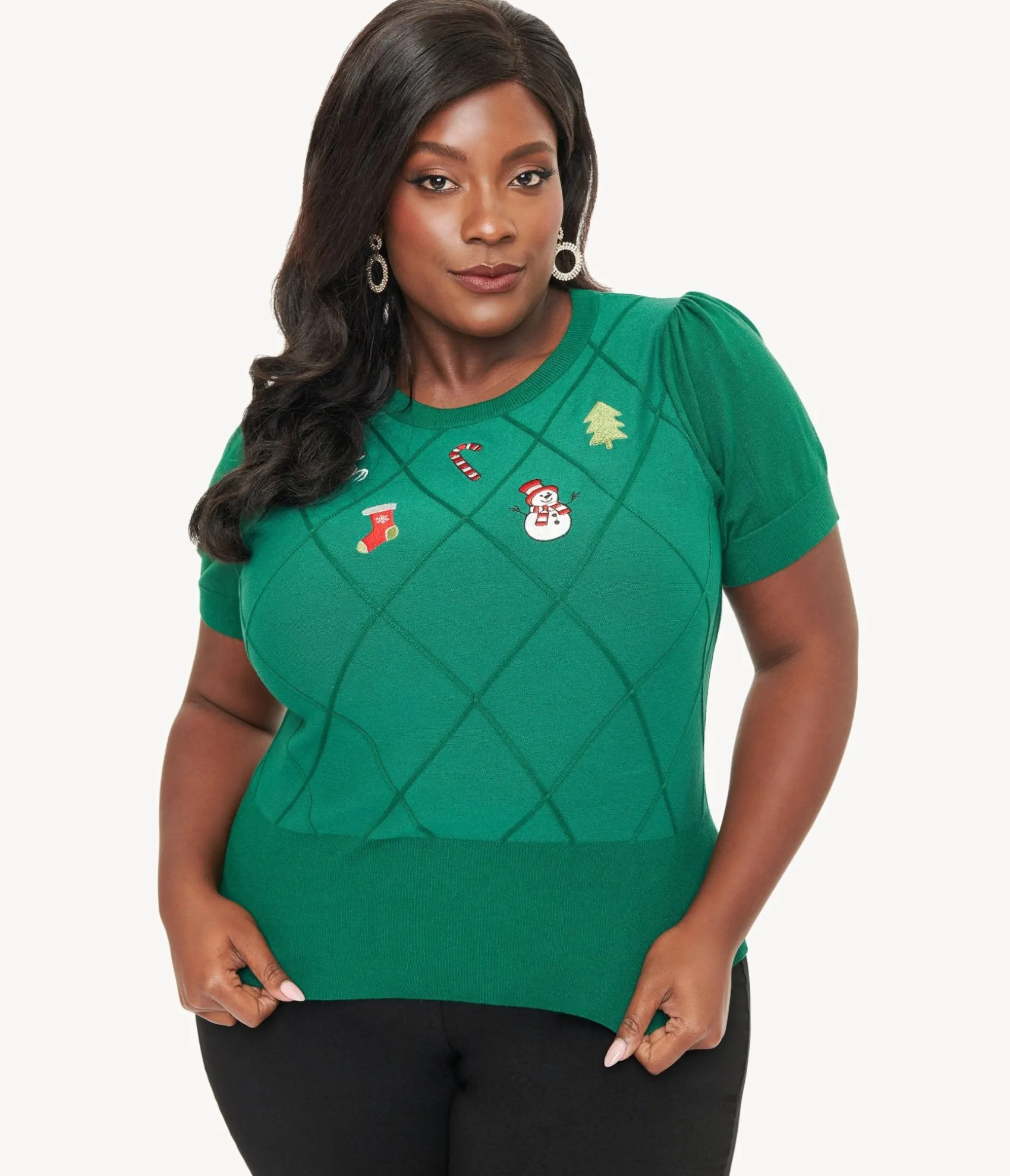 Unique Vintage Plus Size 1950s Green Christmas Embroidered Sweater