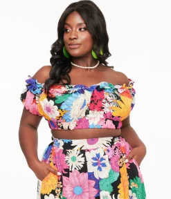 Unique Vintage Plus Size 1970s Black & Pink Floral Off Ruffle Up Crop Top