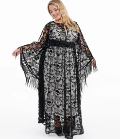 Unique Vintage Plus Size 1960s Black Baroque Skull Burnout Fringe Flutter Sleeve Caftan