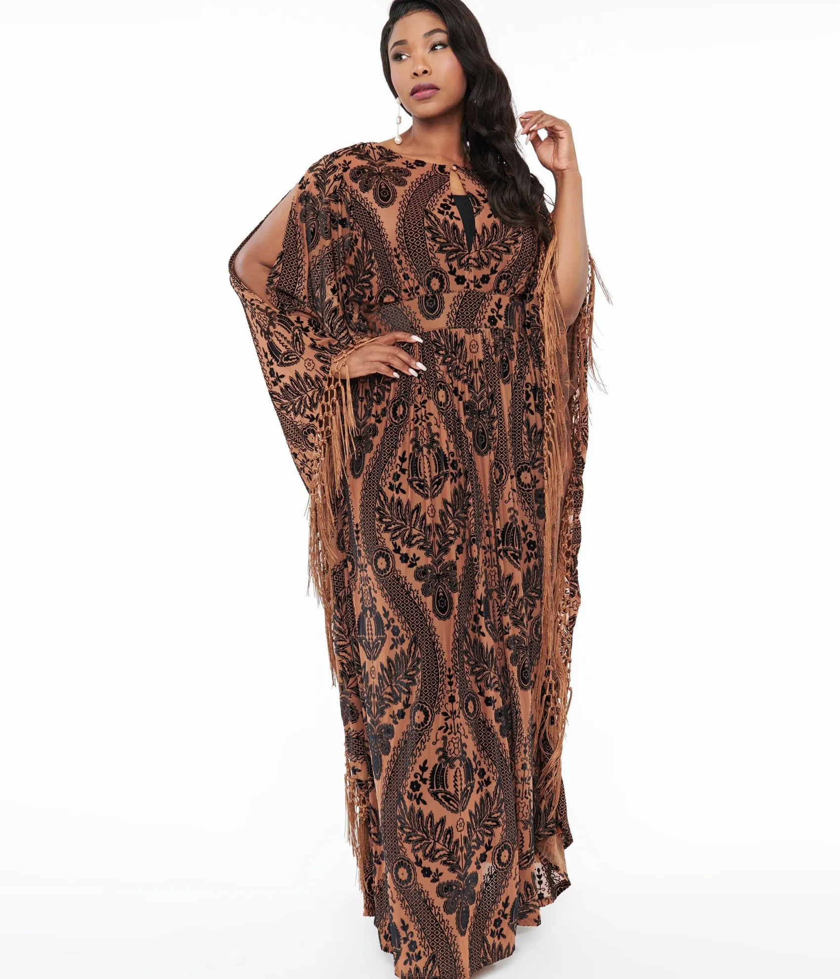 Unique Vintage Plus Size 1960s Black & Nude Floral Fringe Flutter Sleeve Caftan