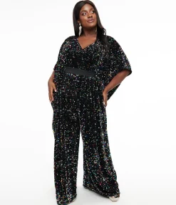 Unique Vintage Plus Size 1970s Black Iridescent Sequin Caftan Jumpsuit