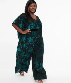 Unique Vintage Plus Size 1970s Black & Teal Velvet Floral Burnout Caftan Jumpsuit