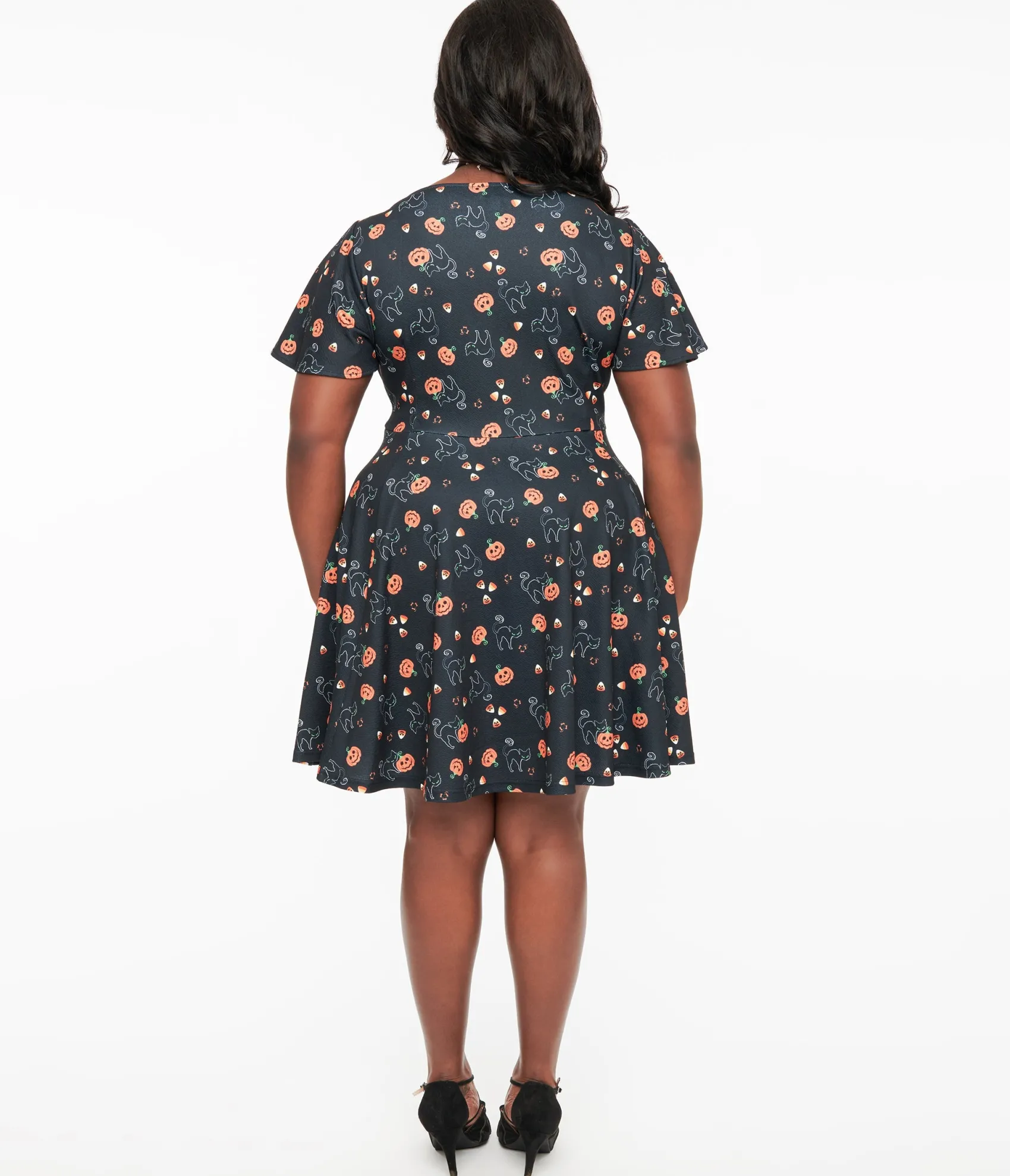 Unique Vintage Plus Size 1950s Black Spooky Cats & Pumpkins Poppy Flare Dress