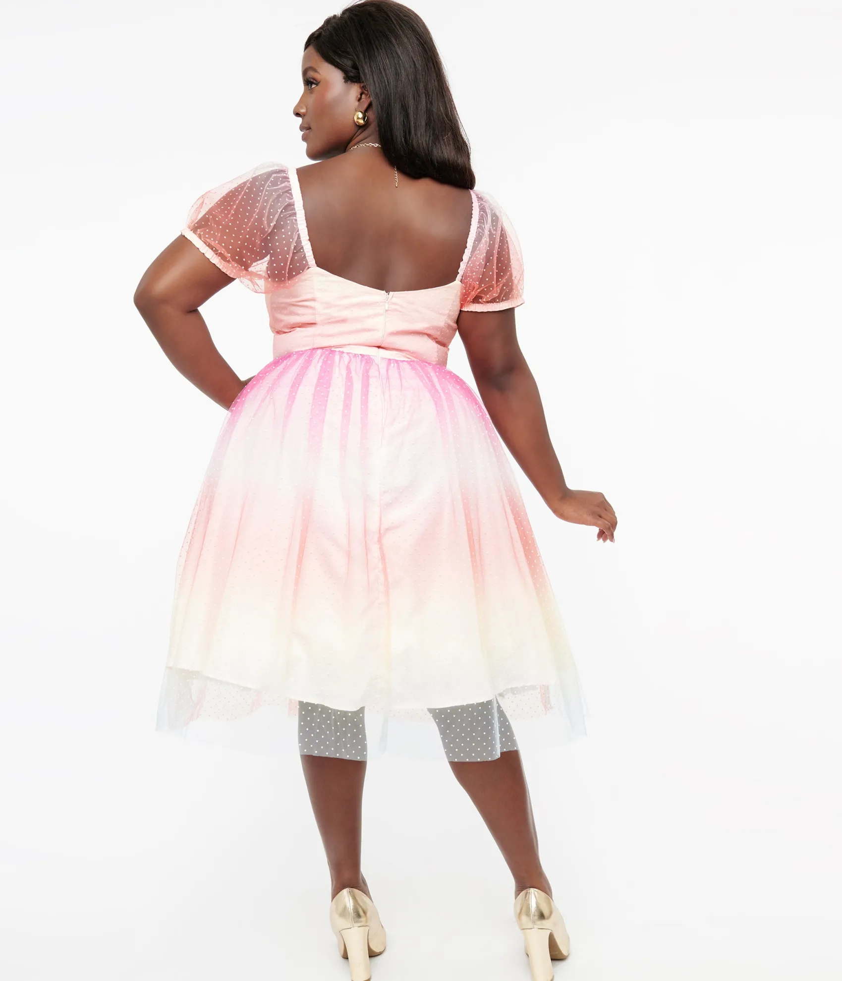 Unique Vintage Plus Size 1950s Pastel Rainbow Ombre Clip Dot Tulle Sweetheart Fit & Flare Dress