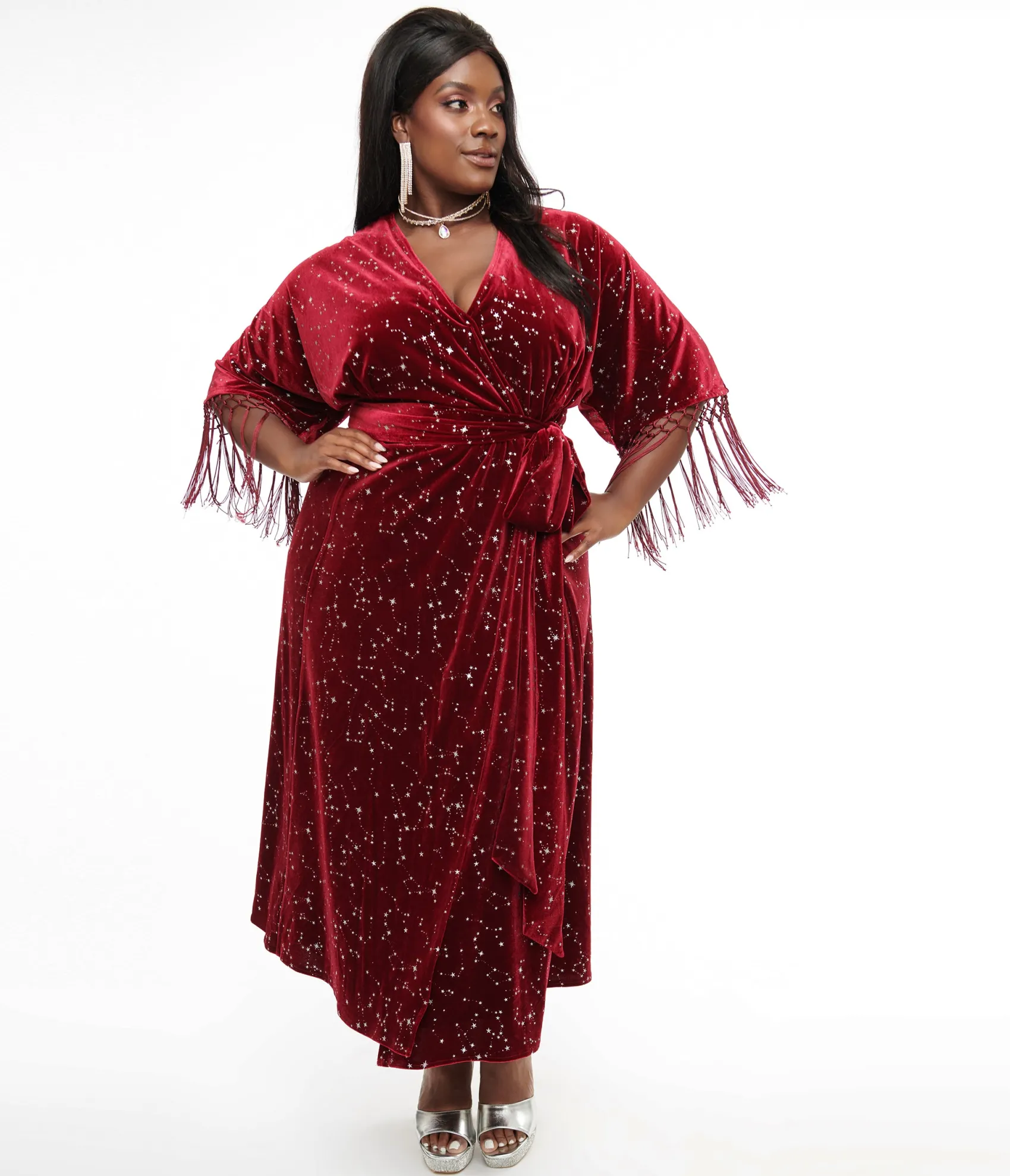 Unique Vintage Plus Size 1970s Burgundy Velvet Silver Star Wrap Midi Dress