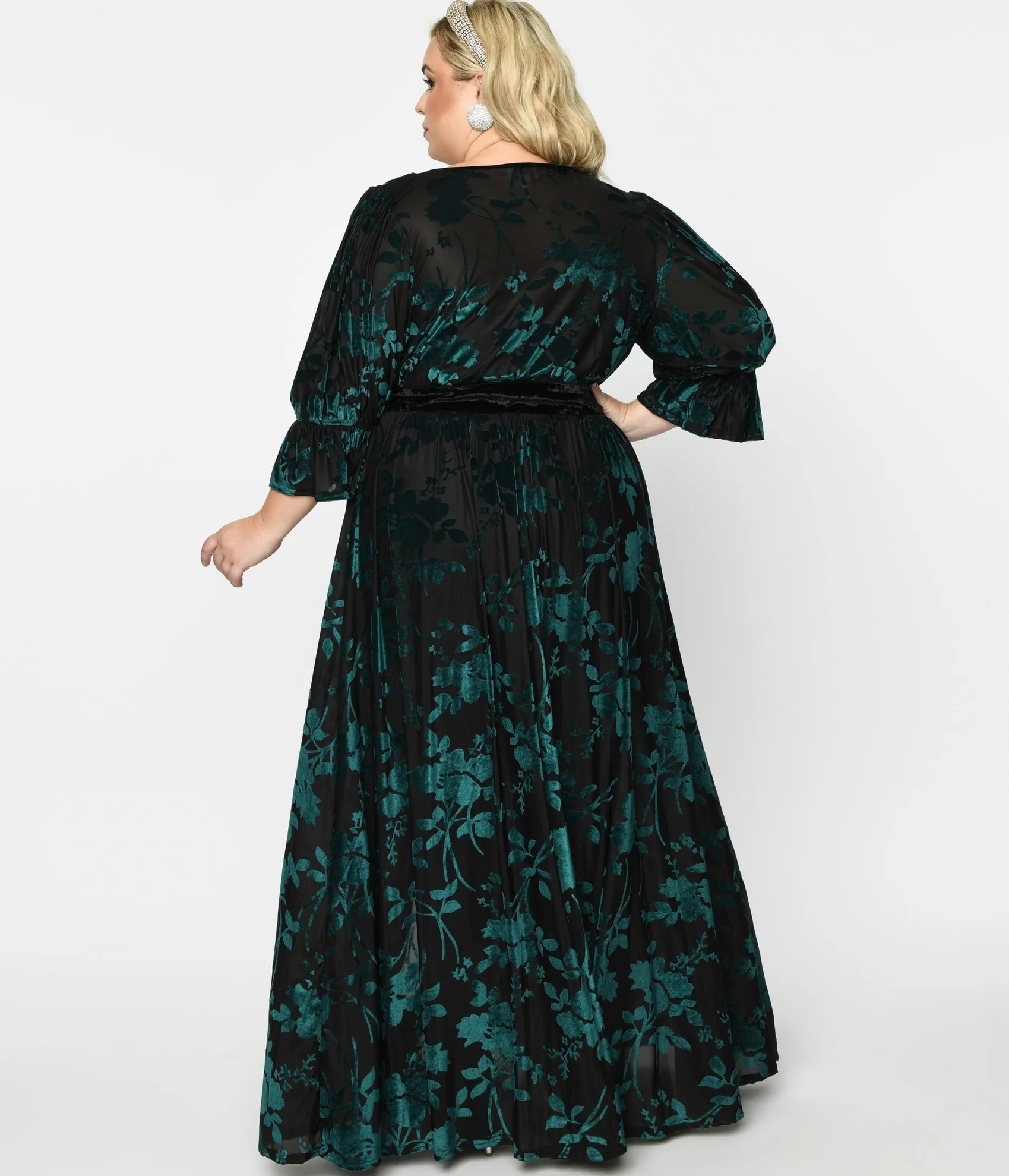 Unique Vintage Plus Size Black & Teal Floral Velvet Burnout Duster