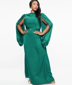 Unique Vintage Plus Size 1920s Emerald Satin & Snake Pin Evening Gown