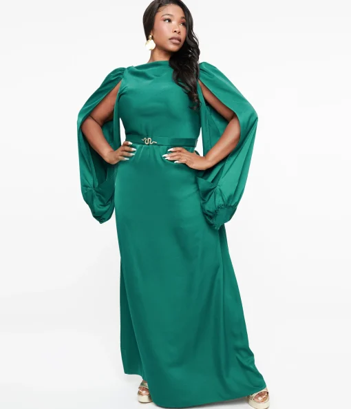 Unique Vintage Plus Size 1920s Emerald Satin & Snake Pin Evening Gown
