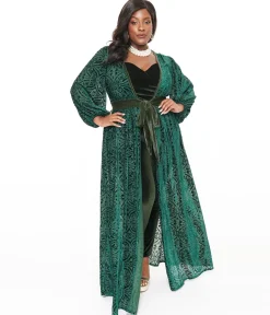 Unique Vintage Plus Size Green Velvet Burnout Hollywood Duster