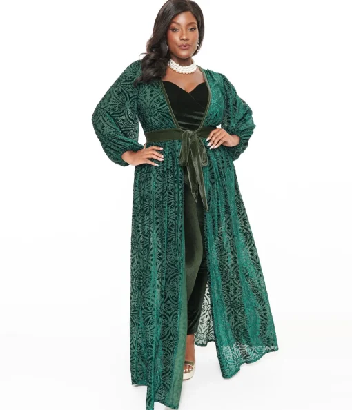Unique Vintage Plus Size Green Velvet Burnout Hollywood Duster