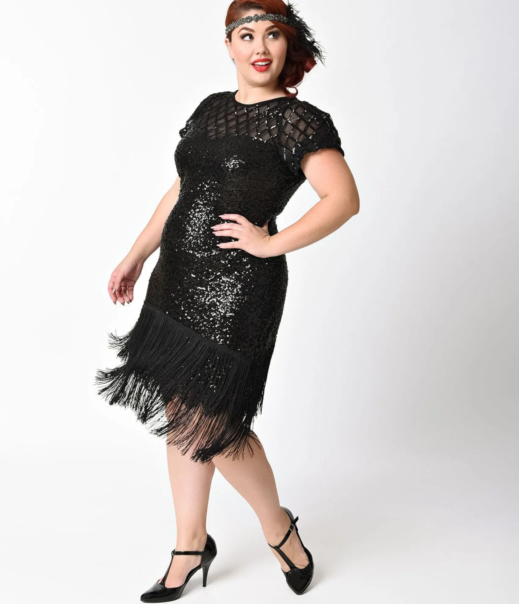 Unique Vintage Plus Size 1920s Black Sequin Fringe Del Mar Flapper Dress