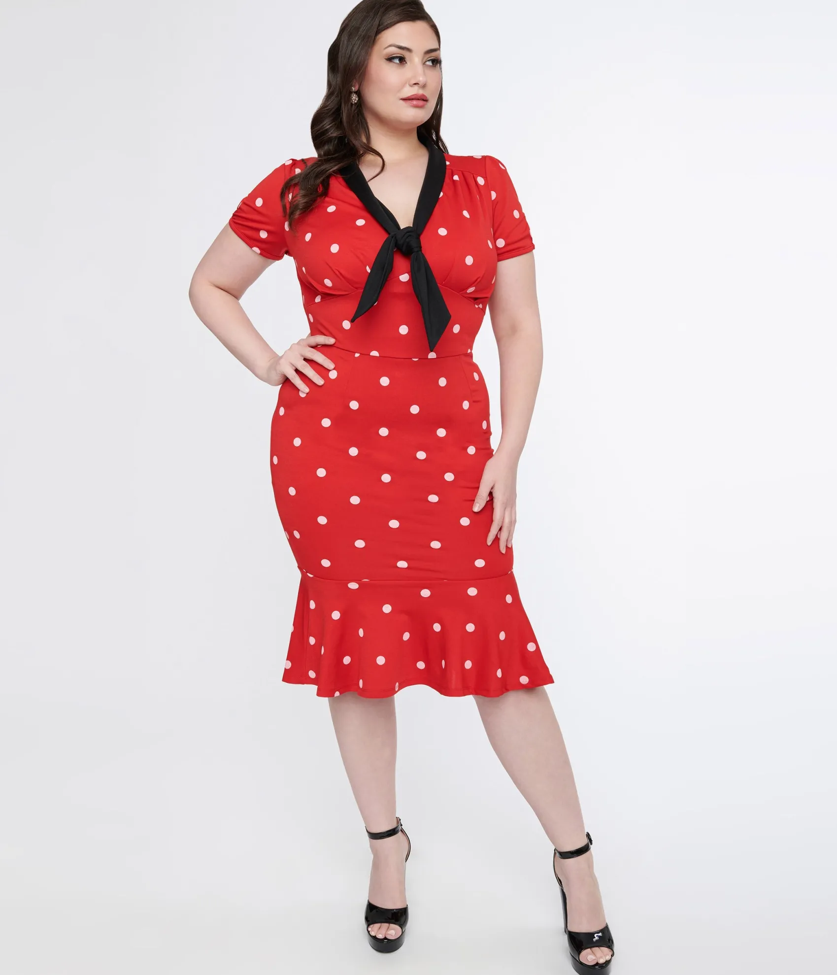 Unique Vintage Plus Size Red & White Polka Dot Neck Tie Wiggle Dress