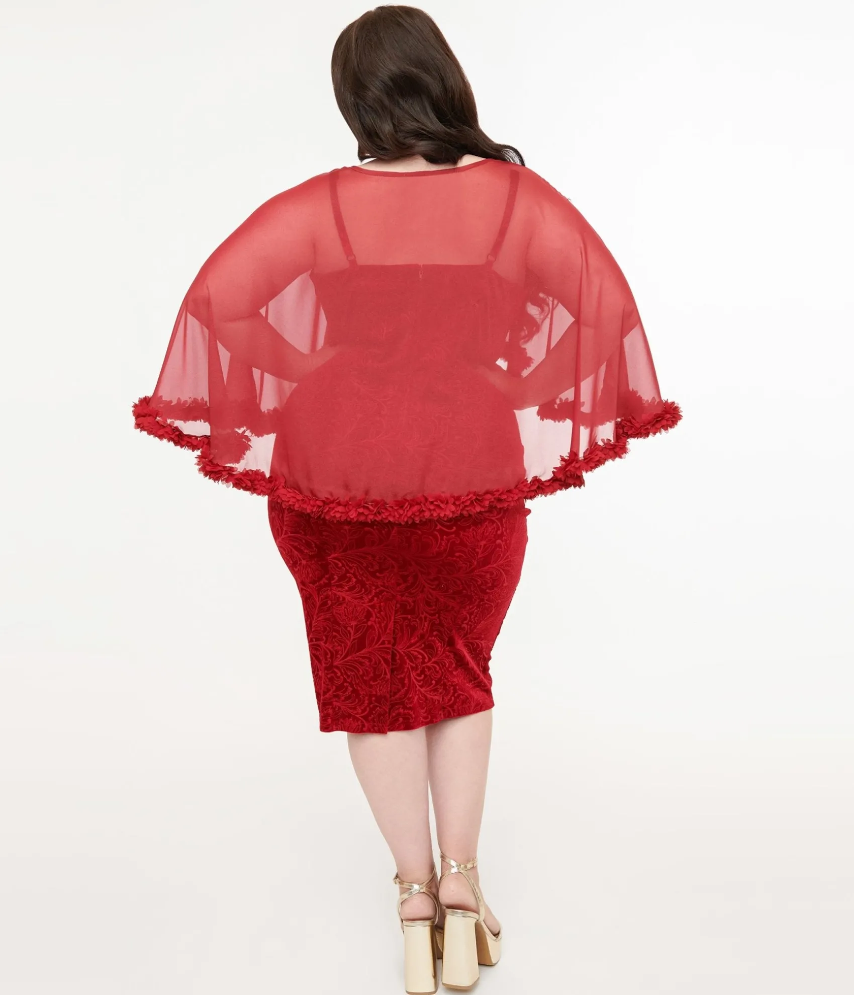 Unique Vintage Plus Size 1960s Red Velvet Ruffle Capelet Wiggle Dress