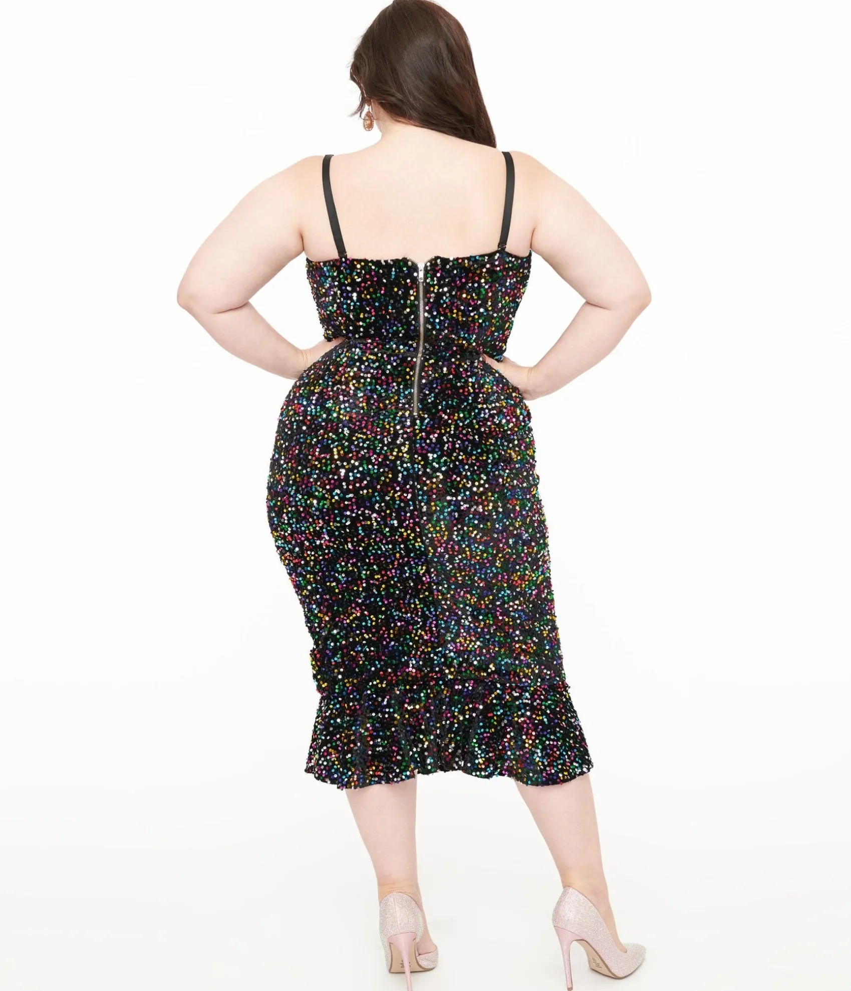 Unique Vintage Plus Size Rainbow Sequin Strapless Spotlight Wiggle Dress