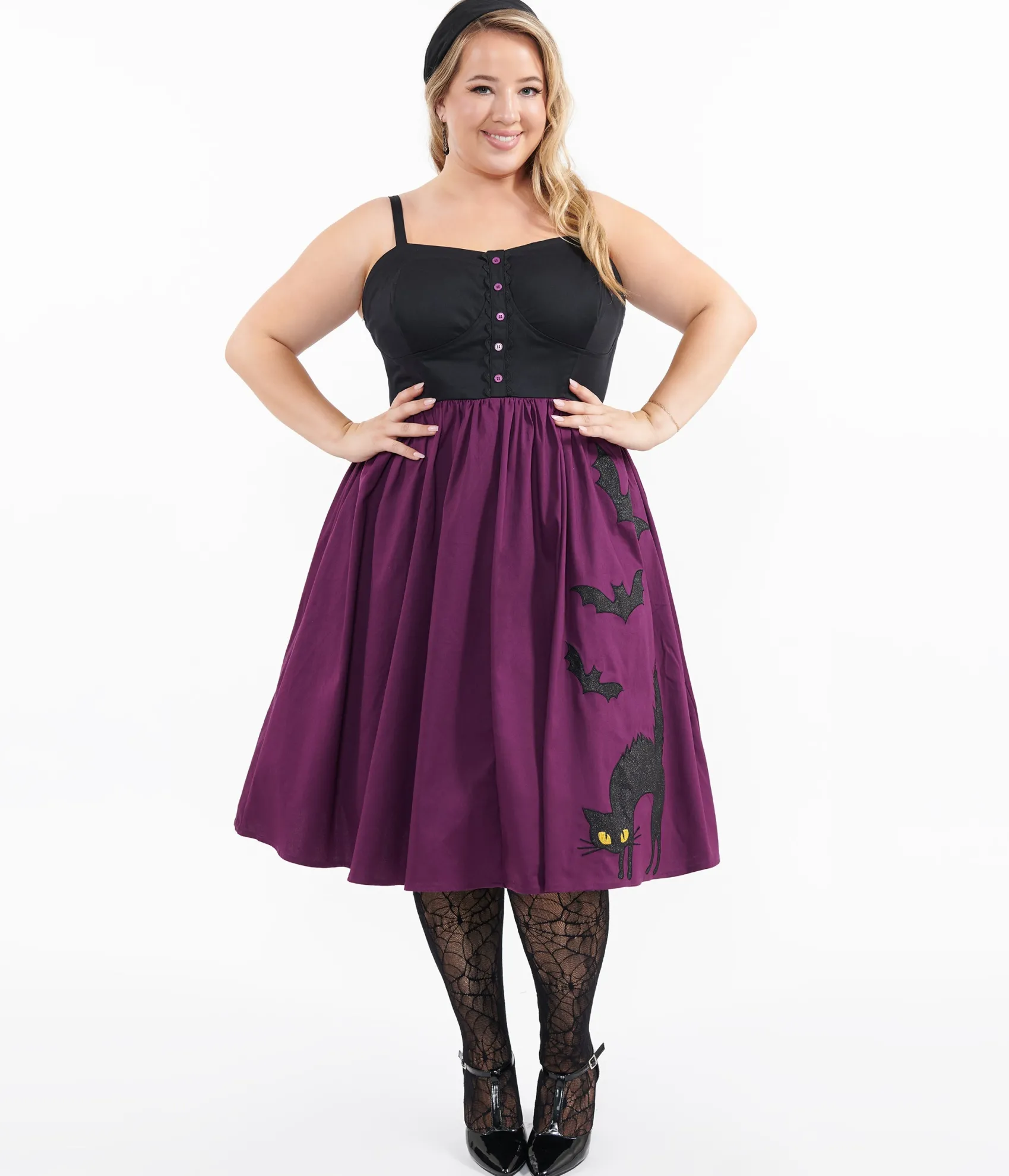 Unique Vintage Plus Size 1950s Purple & Black Glitter Cat Swing Dress