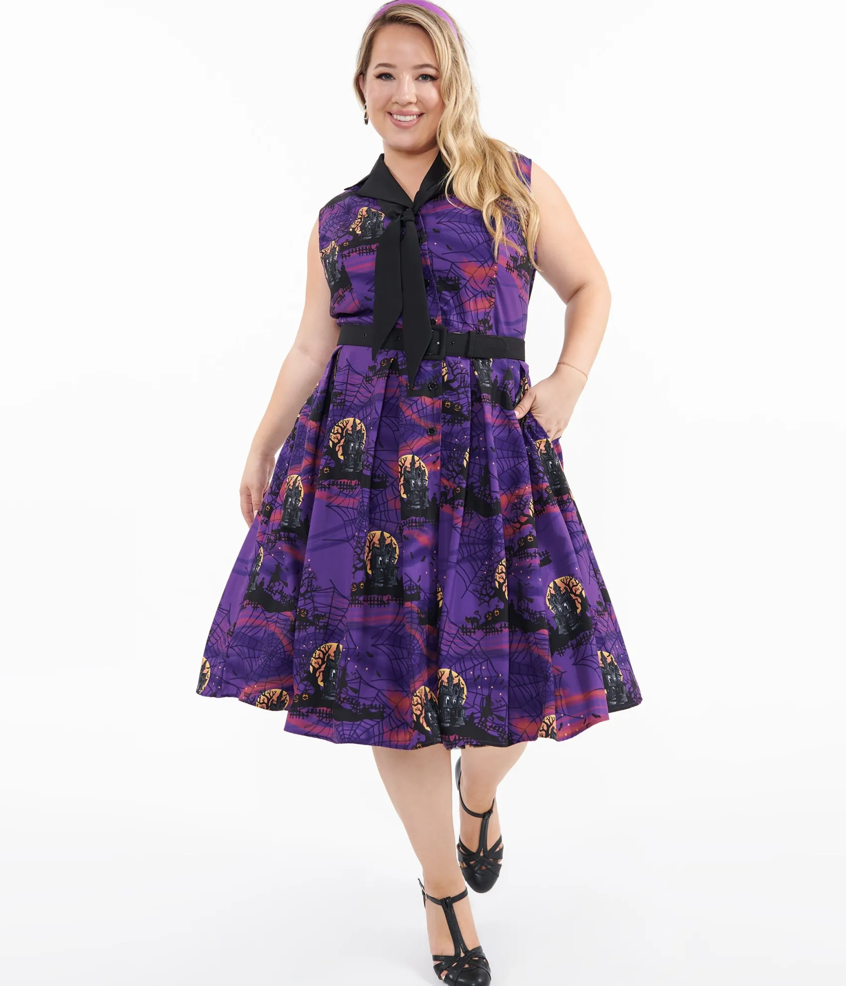 Unique Vintage Plus Size 1950s Purple Halloween Print Edith Swing Dress