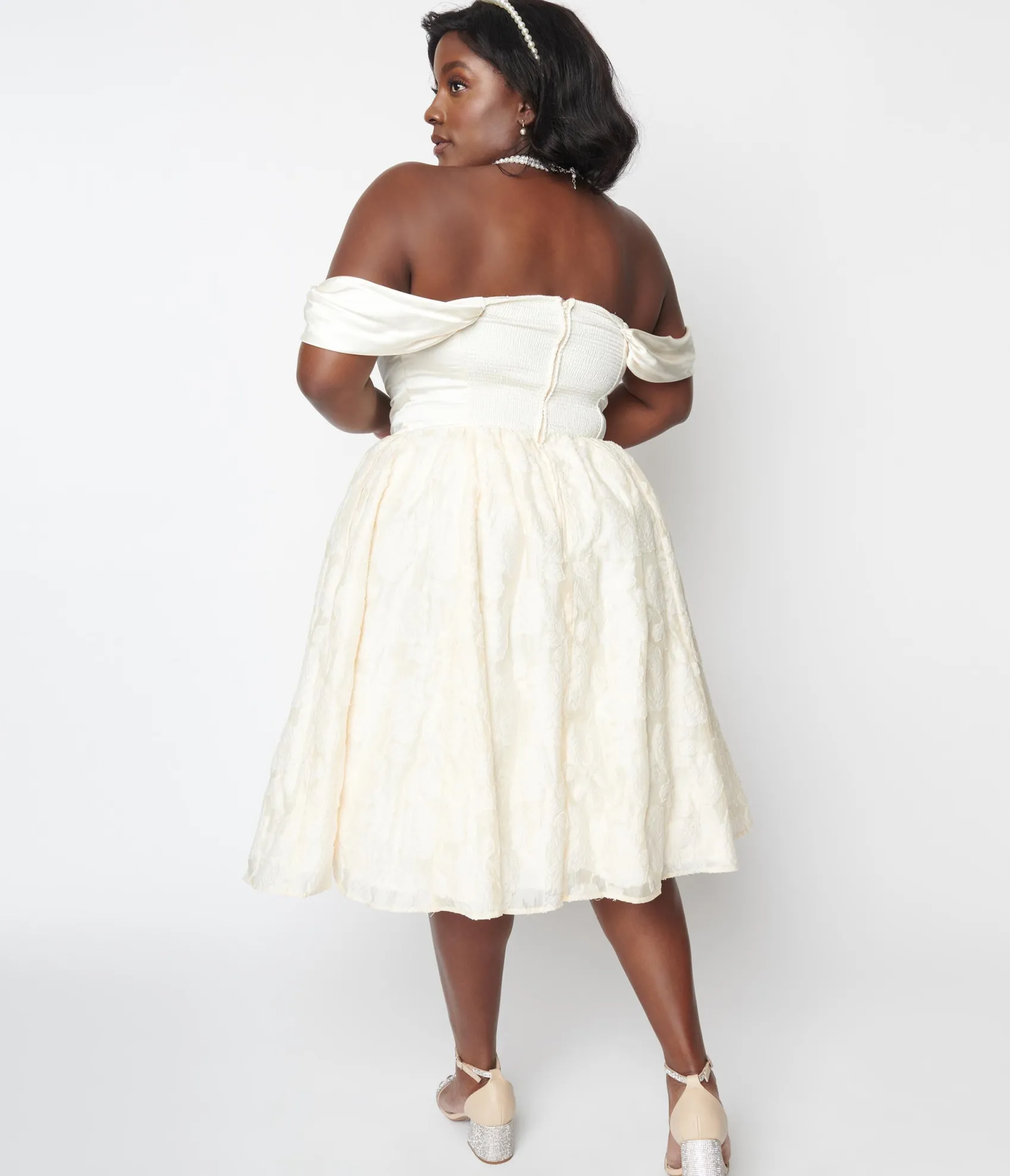 Unique Vintage Plus Size 1950s Ivory Floral Off Shoulder Flare Dress