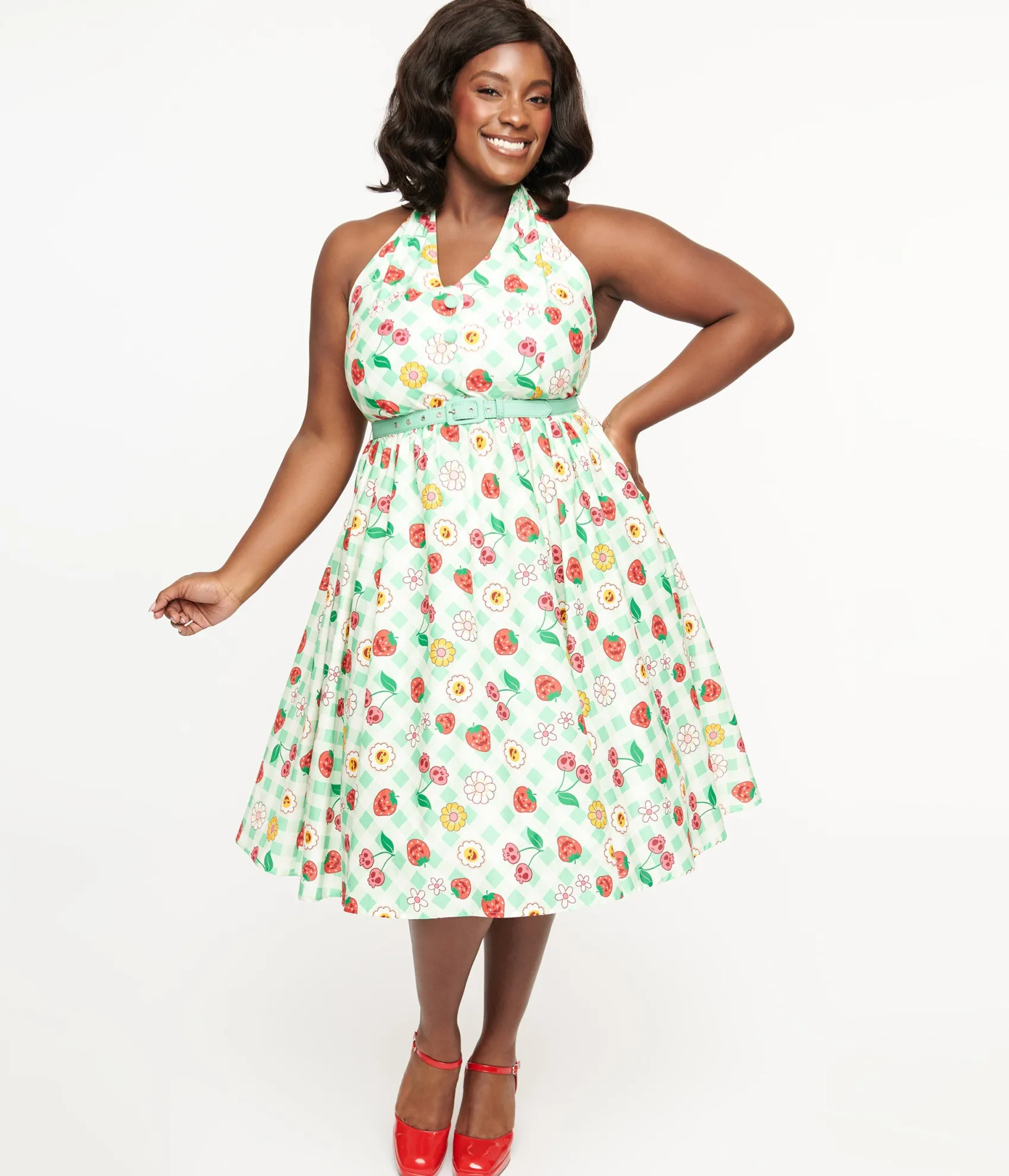Unique Vintage Plus Size 1950s Green Gingham Spooky Fruit Print Halter Swing Dress