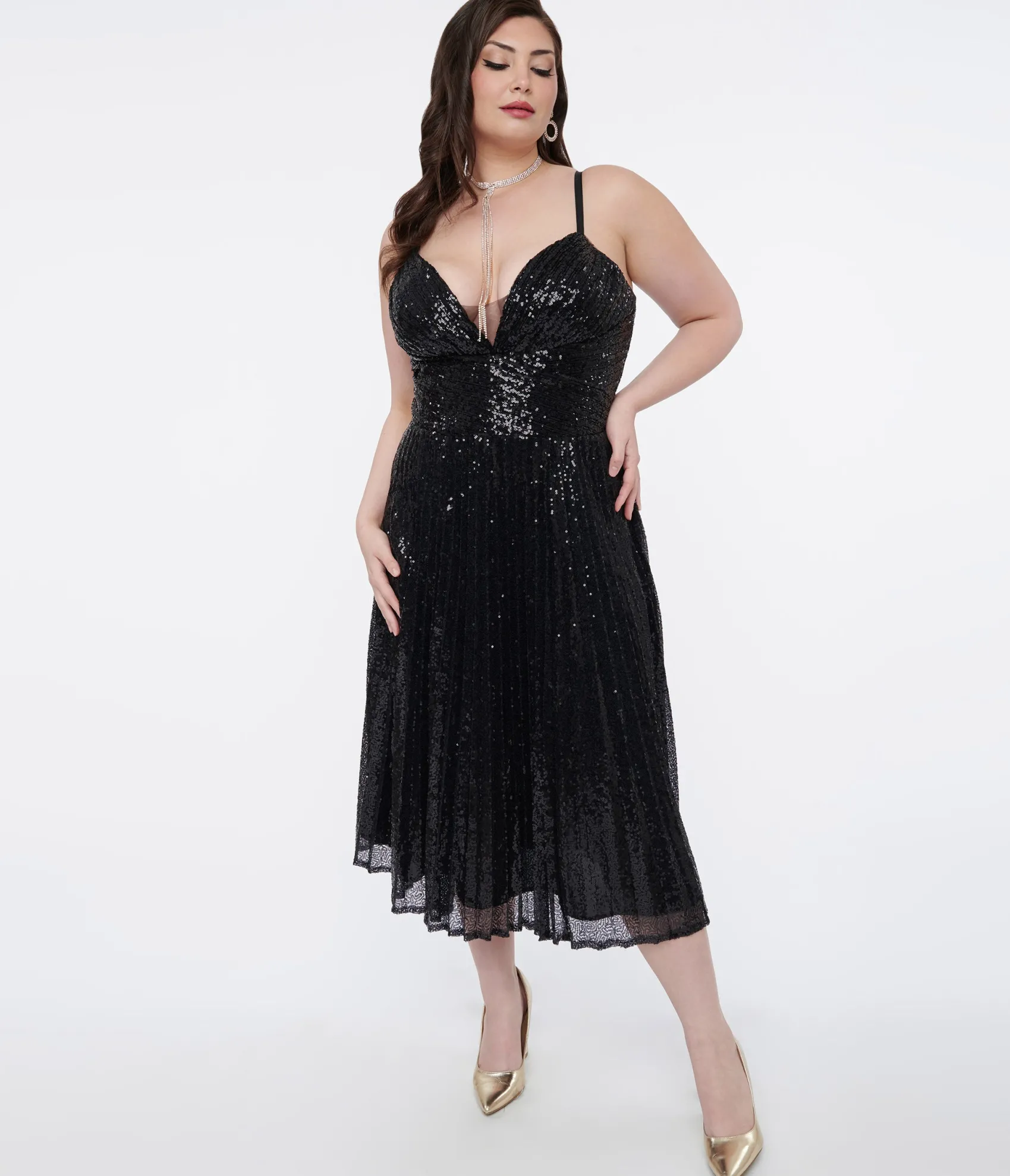Unique Vintage Plus Size 1950s Black Pleated Sequin Swing Dress