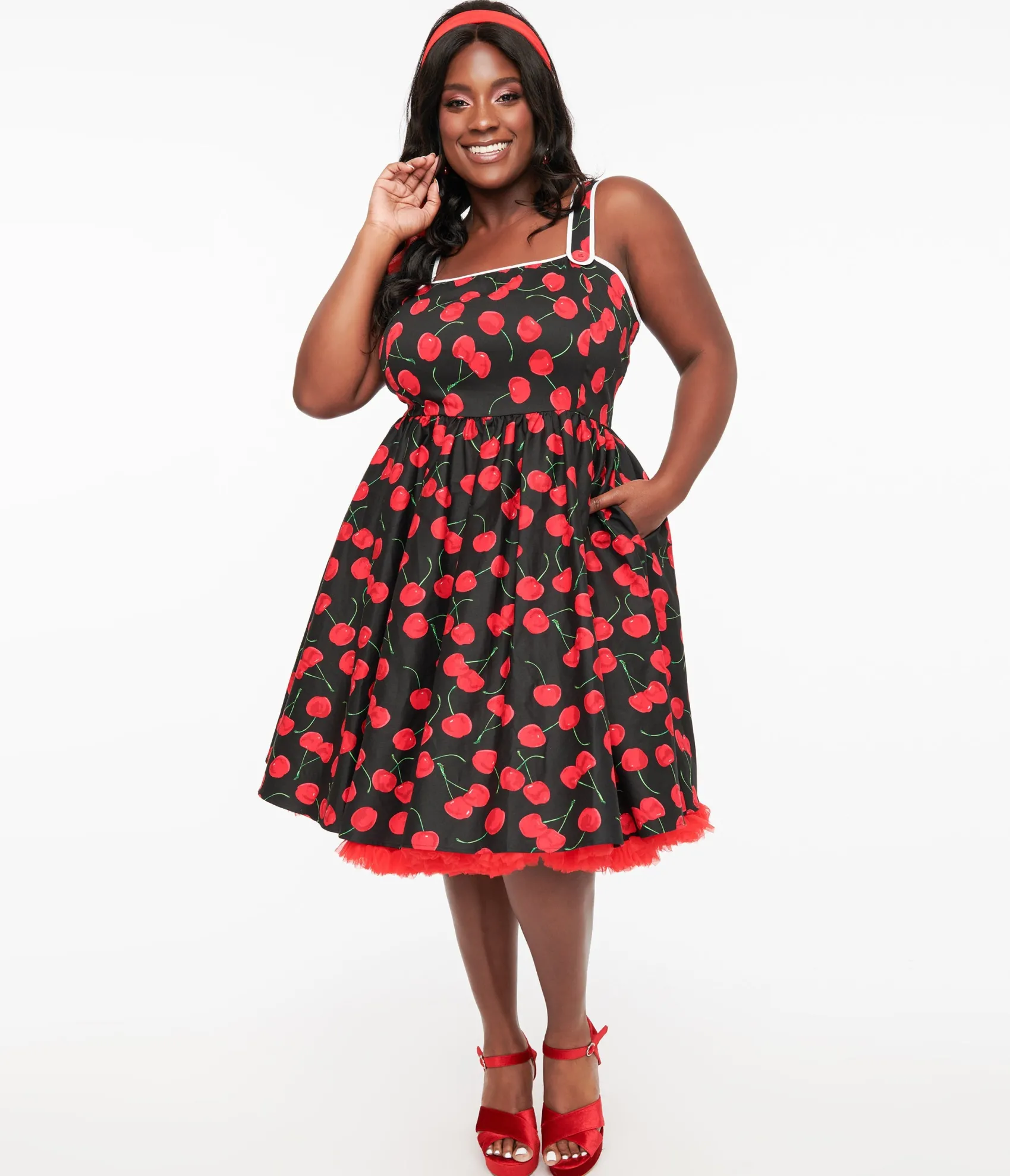 Unique Vintage Plus Size 1950s Black & Cherry Print Cotton Pinafore Swing Dress