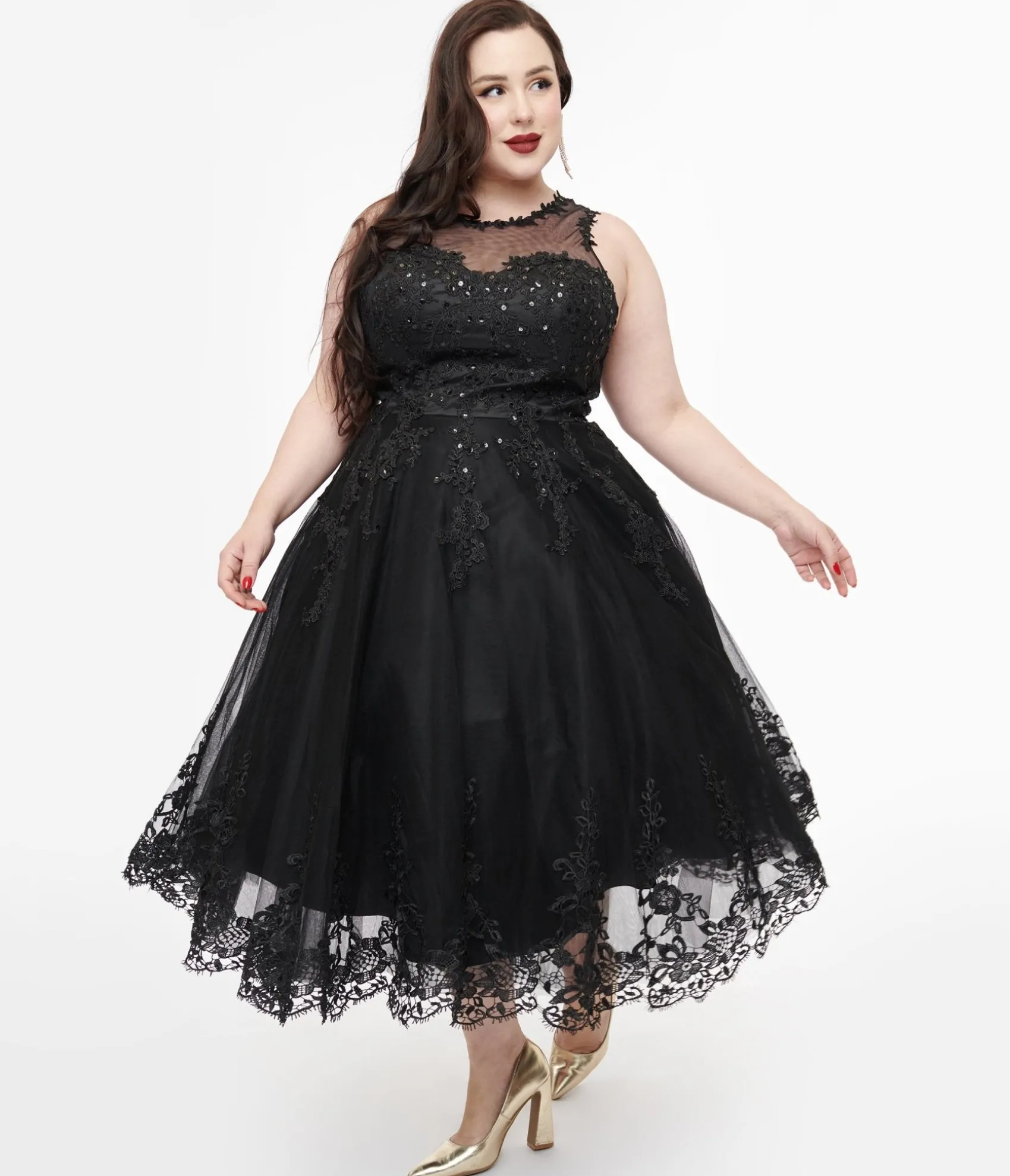 Unique Vintage Plus Size 1950s Black Lace & Tulle Riviera Dress