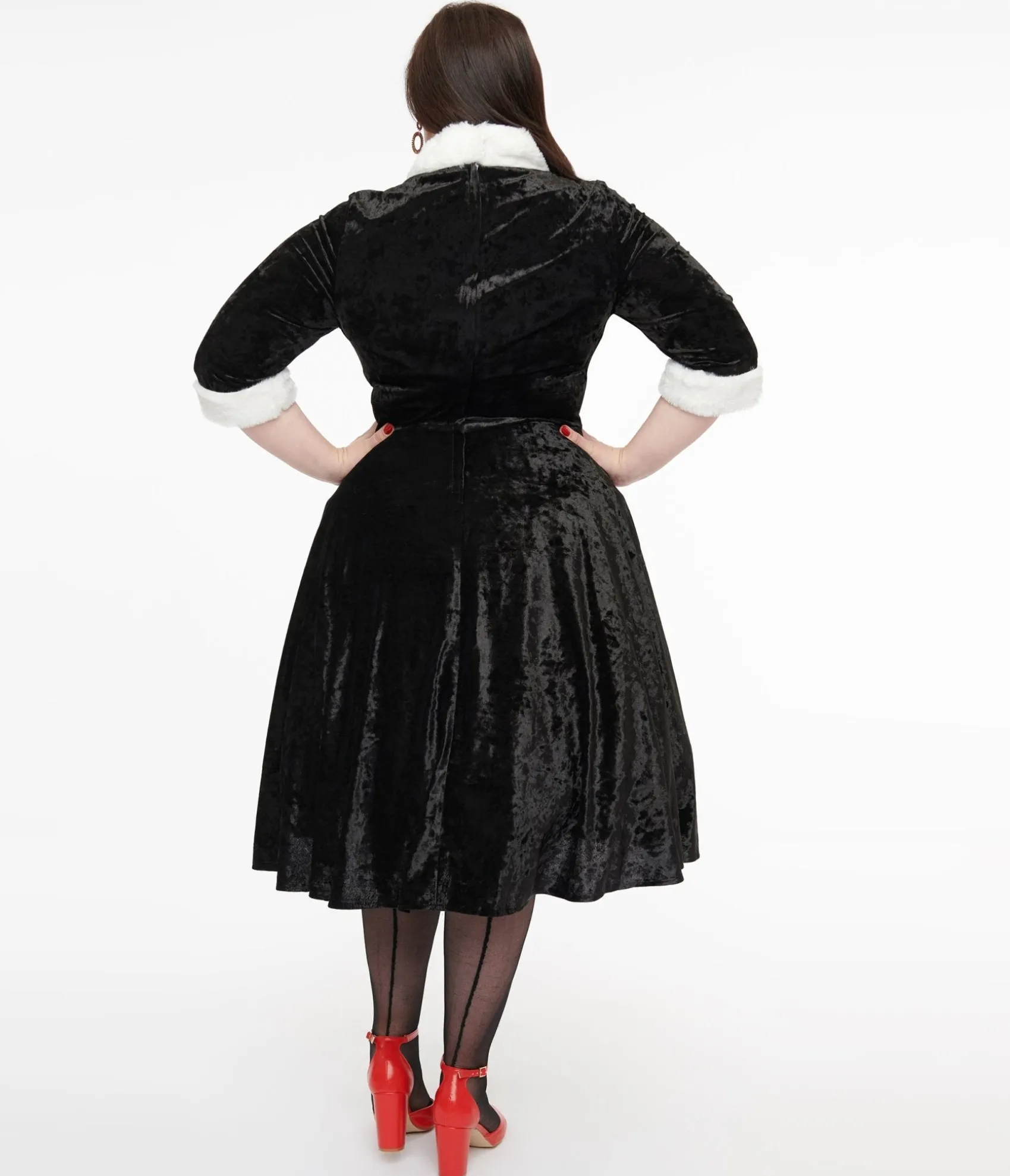 Unique Vintage Plus Size 1950s Black Crushed Velvet & White Fur Delores Swing Dress