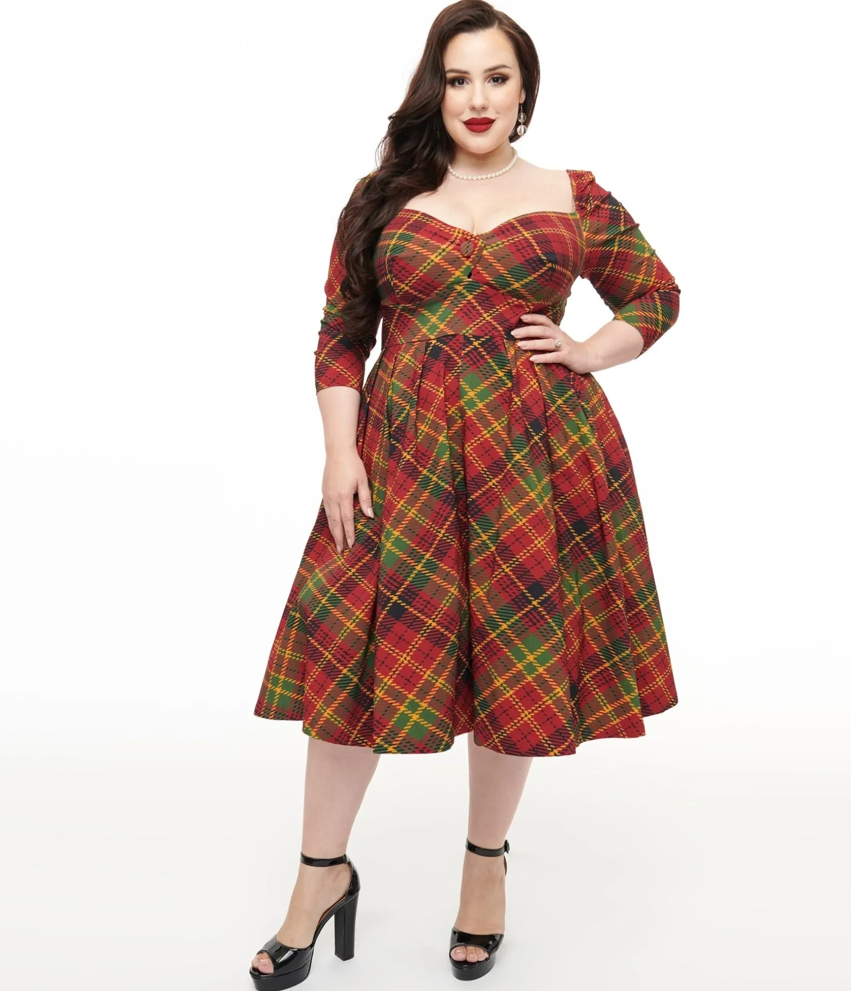 Unique Vintage Plus Size 1950s Burnt Orange & Green Plaid Lamar Swing Dress