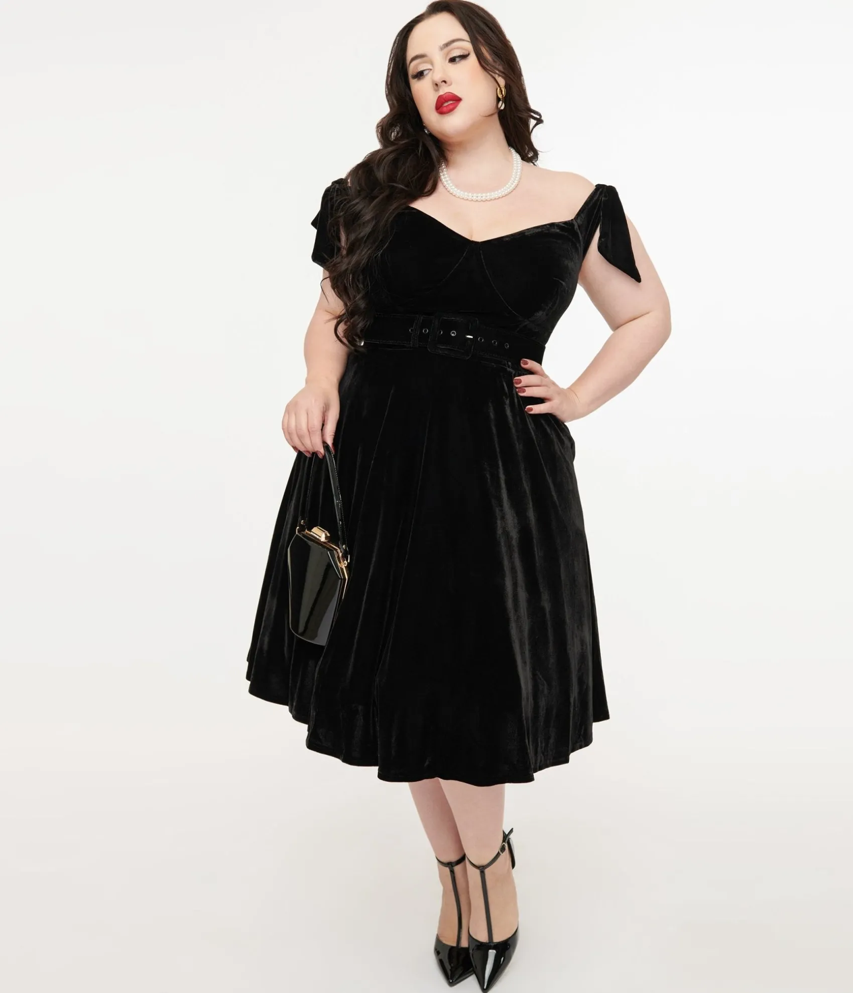 Unique Vintage Plus Size 1960s Black Velvet Prairie Swing Dress