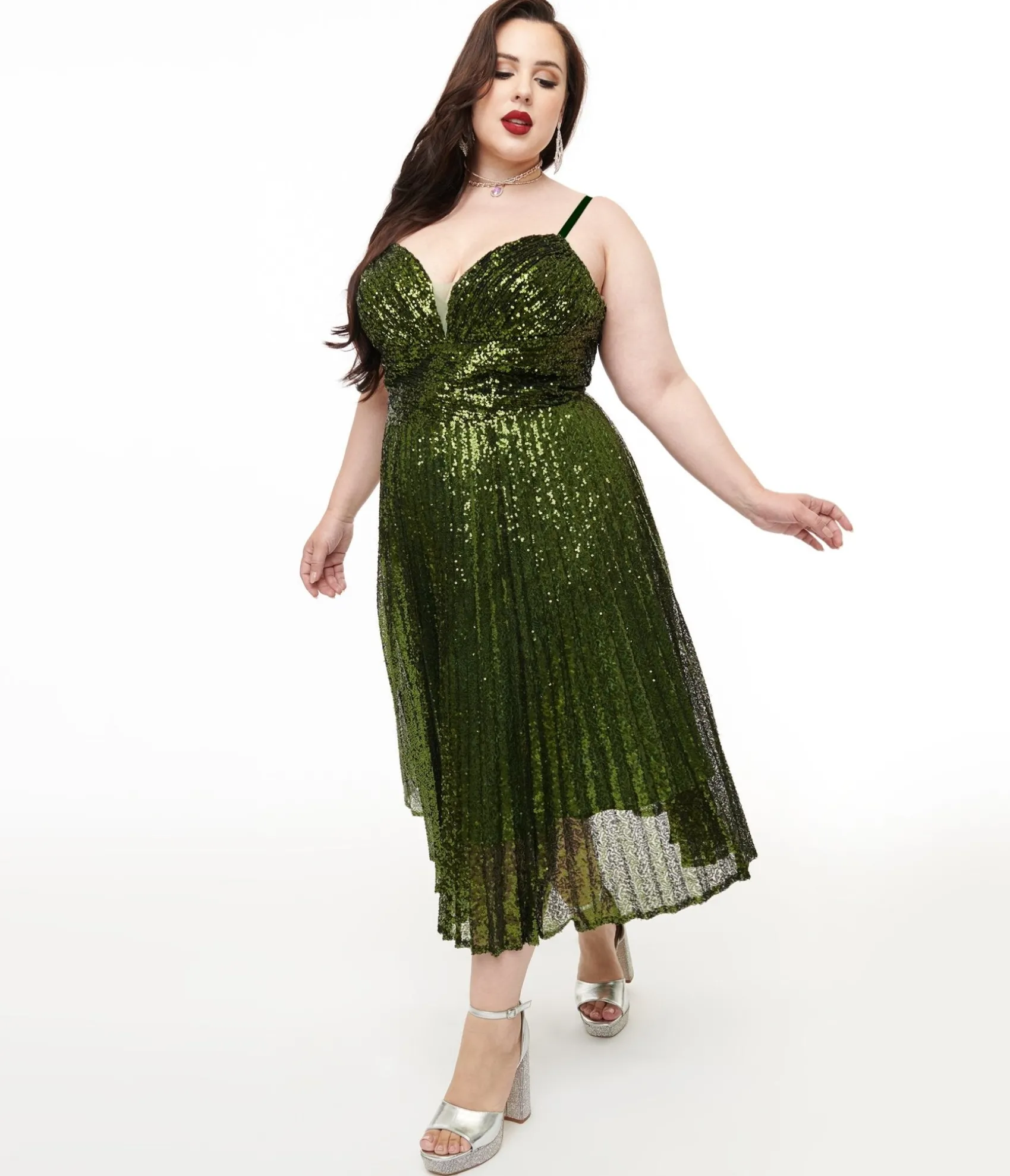 Unique Vintage Plus Size 1950s Emerald Pleated Sequin Swing Dress