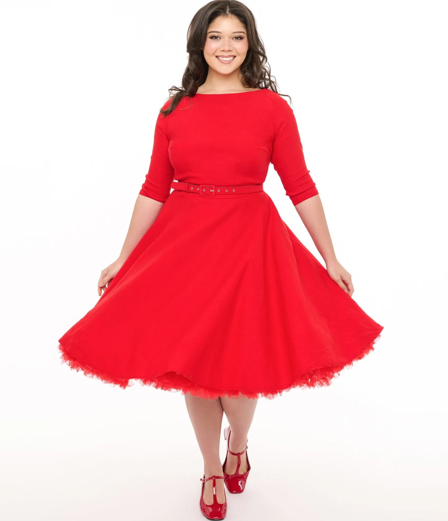 Unique Vintage Plus Size 1950s Bright Red Devon Swing Dress