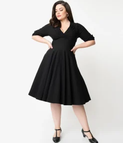 Unique Vintage Plus Size Black Delores Swing Dress with Sleeves