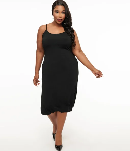 Unique Vintage Plus Size Midi Length Black Stretch Slip