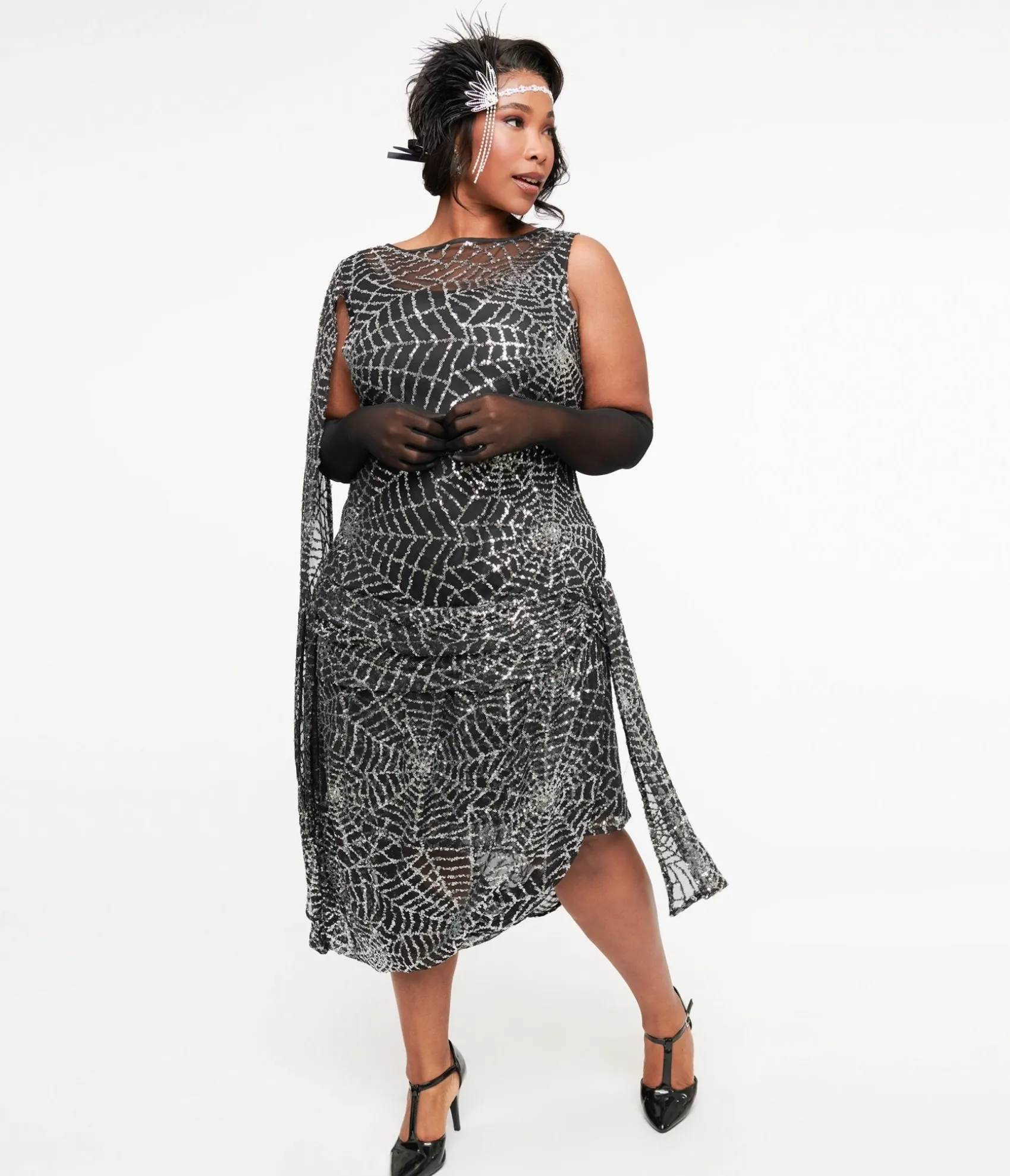 Unique Vintage Plus Size 1920s Black & Silver Sequin Spider Web Draped Flapper Dress