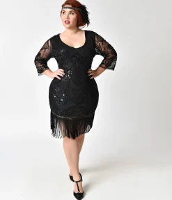 Unique Vintage Plus Size 1920s Black Beaded & Sequin Margaux Sleeved Fringe Flapper Dress