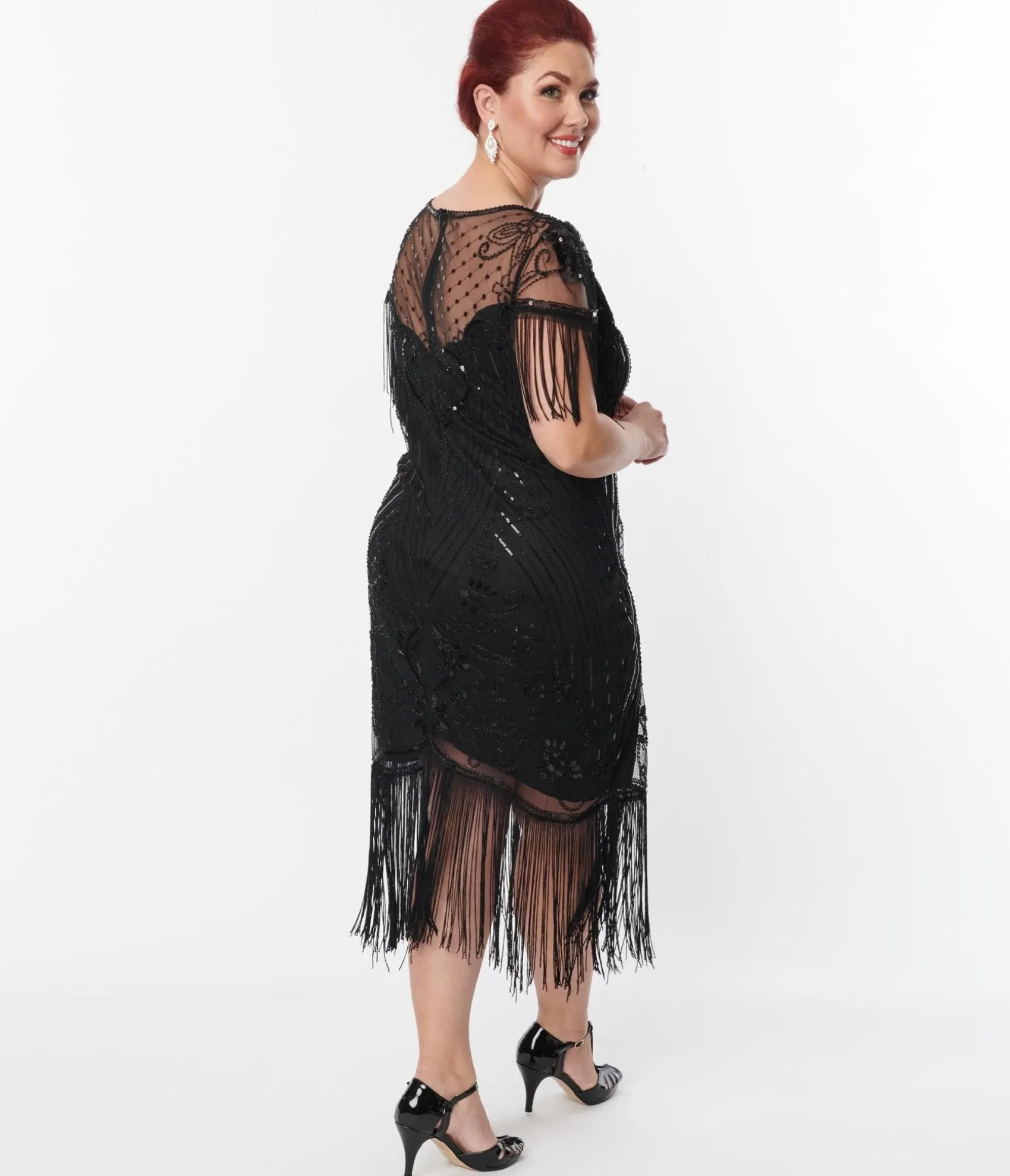 Unique Vintage Plus Size 1920s Black Beaded Fringe Sleeve Nadine Flapper Dress