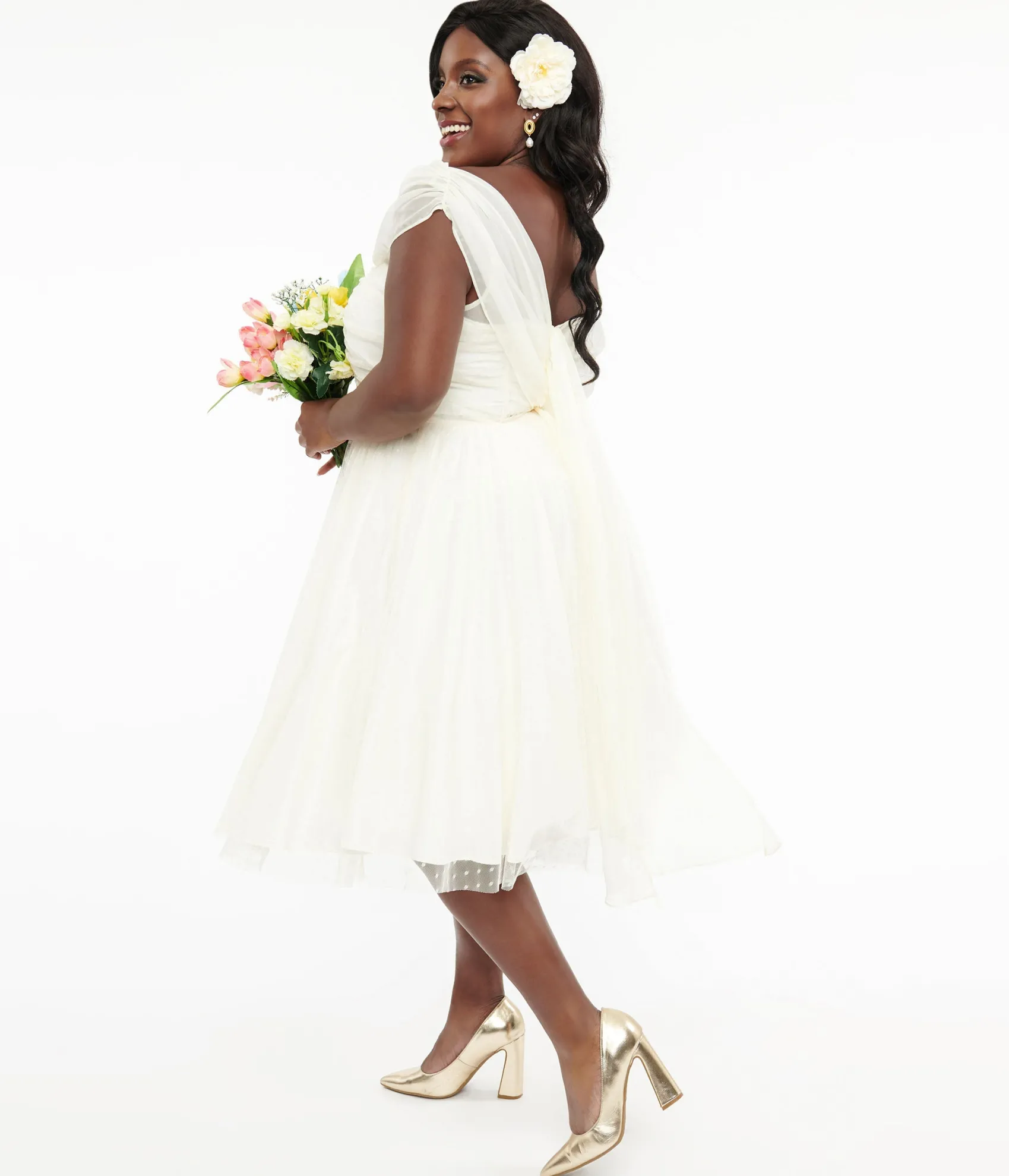 Unique Vintage Plus Size 1950s Ivory Clip Dot Off The Shoulder Cocktail Dress