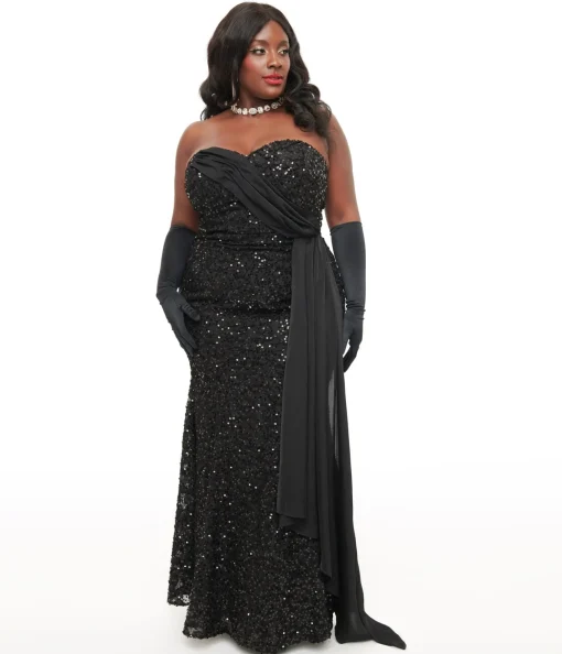 Unique Vintage Plus Size 1930s Black Sequin Lace Mermaid Dress